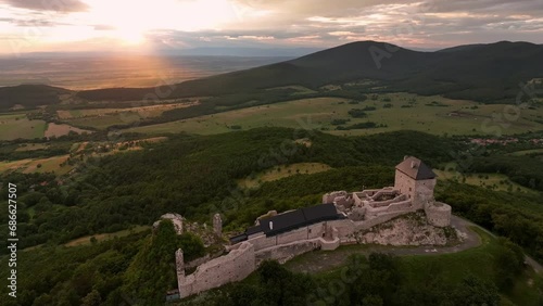 Aerial view of Regec Castle in Hungary - sunset photo