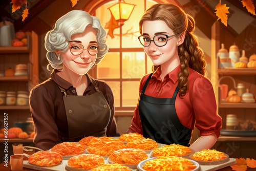 3D illustration of grandmother and granddaughter in autumn colours with huge tray of bakery items