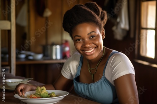 afroamerican woman smiling at the cooked food in the kitchen, 