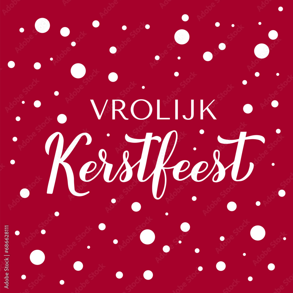 Vrolijk Kerstfeest calligraphy hand lettering on red background with snow confetti. Merry Christmas typography poster in Dutch. Easy to edit vector template for greeting card, banner, flyer, etc.