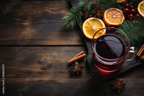 Mulled wine with spices and christmas tree branches on wooden background.