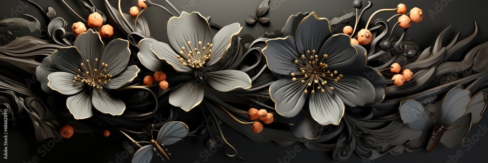 Black Floral Ornament Flowers Curls Retro , Banner Image For Website, Background, Desktop Wallpaper