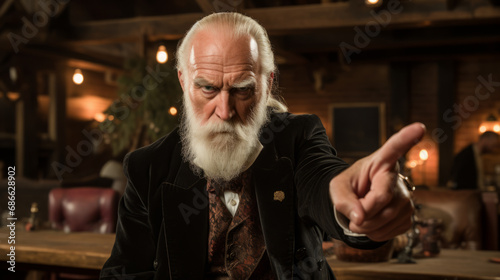 old preacher, his face etched with anger, emphatically points his finger, instructing someone to leave. The atmosphere is charged with emotion, reflecting a stern and commanding presence