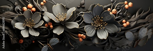 Black Floral Ornament Flowers Curls Retro , Banner Image For Website, Background, Desktop Wallpaper