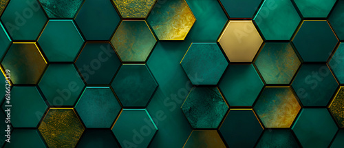 Geometric background of hexagons in green, emerald and gold tones. Banner with hexagonal grid.