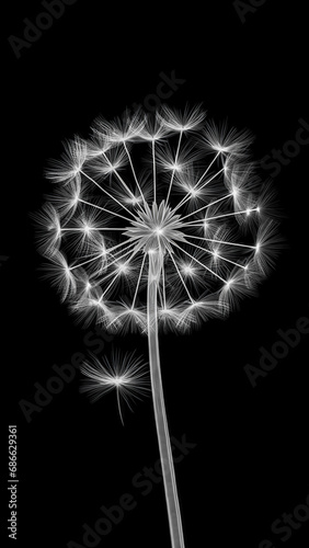Dandelion on a black background. Minimalistic monochrome botanical design. Black and white illustration.