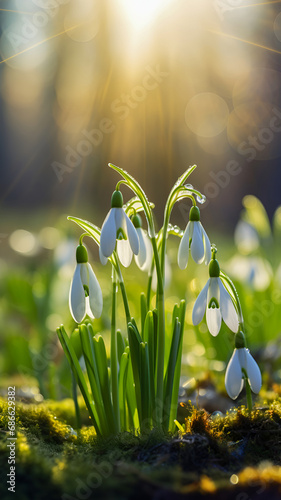 Snowdrops in a spring forest with sunlight close-up. #686629382