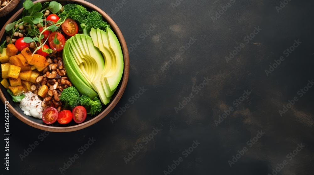 Fresh and colorful bowl of vegetables, avocado, tomatoes and seeds. Healthy food concept background with free place for text Fresh and colorful bowl of vegetables, avocado, tomatoes and seeds. Healthy food concept background with free place for text