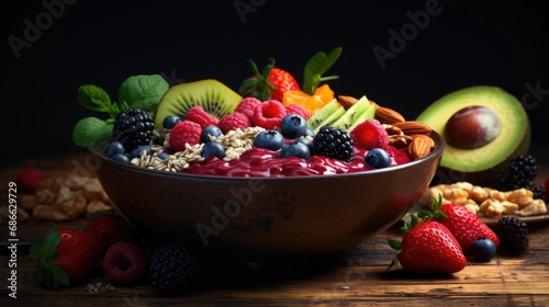 Fresh and colorful bowl of fruits  berries and seeds. Healthy food concept background with free place for text