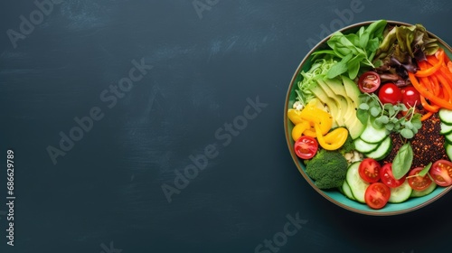 Fresh and colorful bowl of vegetables, avocado, tomatoes and seeds. Healthy food concept background with free place for text