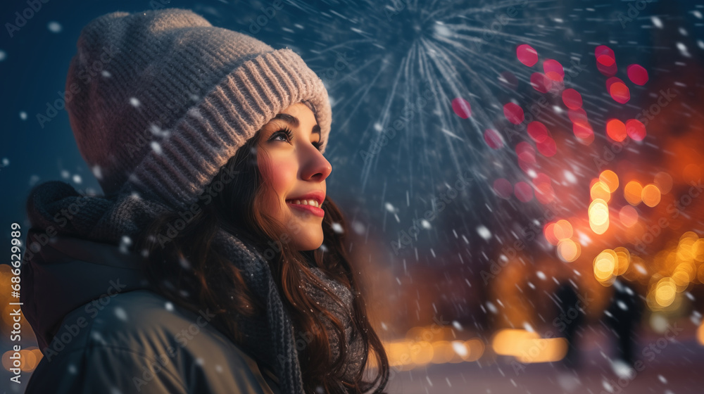 Woman wonderment as they watch their New Year fireworks display, their eyes wide with amazement and delight in a snowy park in front of firework, generative ai