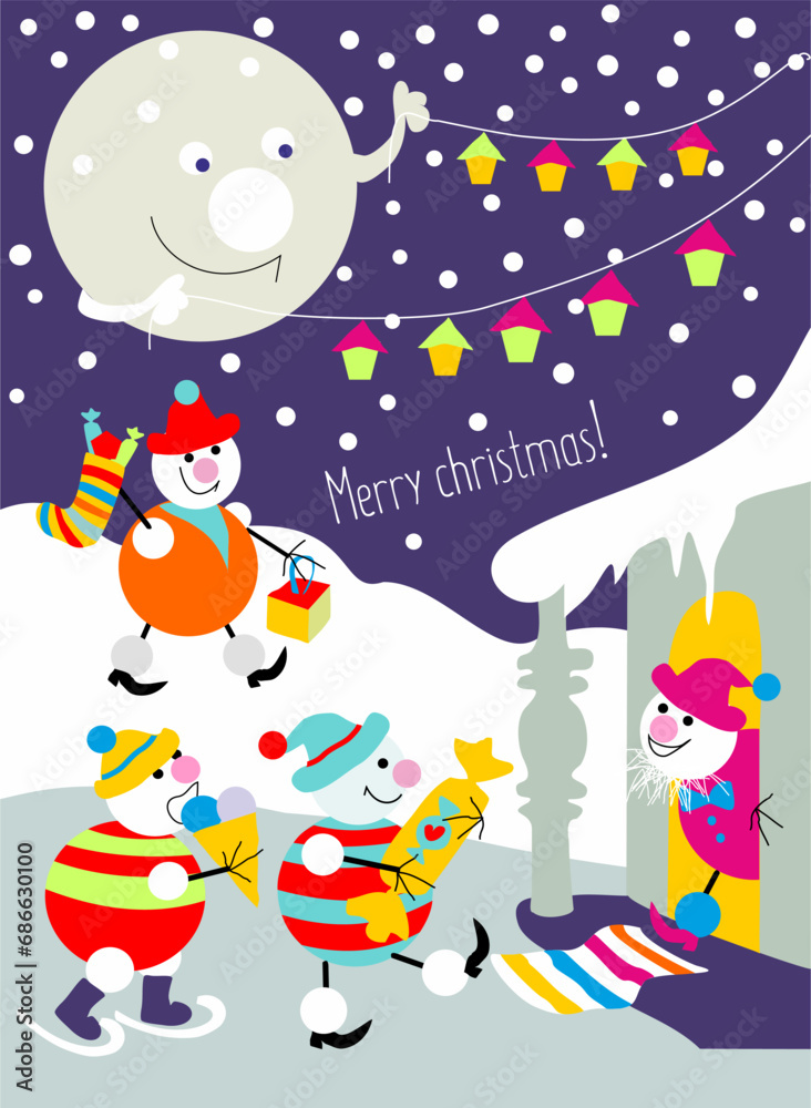 merry christmas and happy new year postcard with snowmen merry christmas and happy new year postcard with snowmen