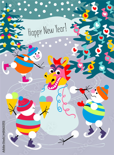 merry christmas and happy new year postcard with snowmen