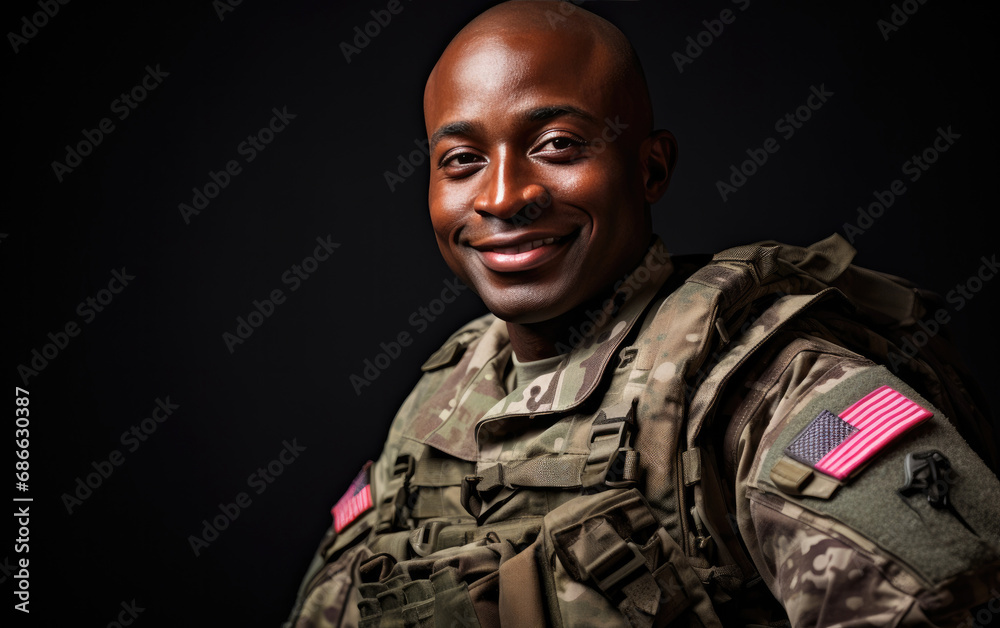 Happy smiling soldier with camouflage in the black background Happy smiling soldier with camouflage in the black background