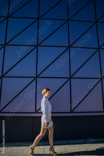 Beautiful fashionable woman near glass wall showcase © dmitriisimakov