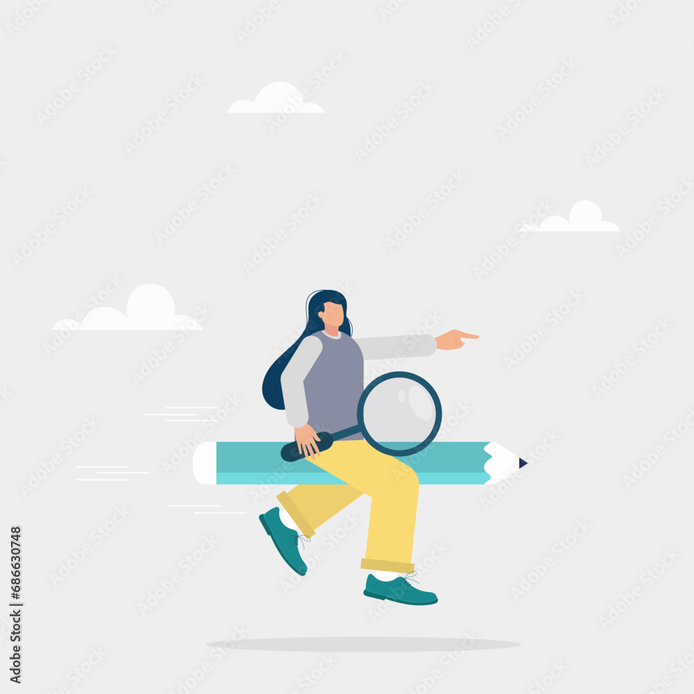 Concept of business creativity or imagination, improvement, creative freedom. A girl flying on a pencil rocket in search of new ideas.
Concept of business creativity or imagination, improvement, creative freedom. A girl flying on a pencil rocket in search of new ideas.