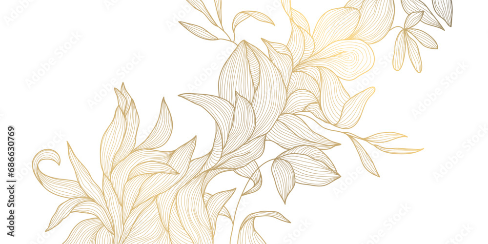 Vector art deco flower pattern background, gold line art, nature floral illustration. Hand drawn wavy plants for packaging, cover, banner, creative post and wall arts. Japanese style.