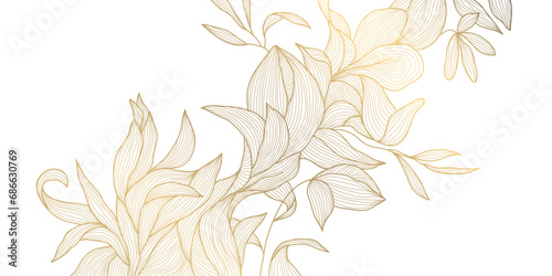 Vector art deco flower pattern background, gold line art, nature floral illustration. Hand drawn wavy plants for packaging, cover, banner, creative post and wall arts. Japanese style.