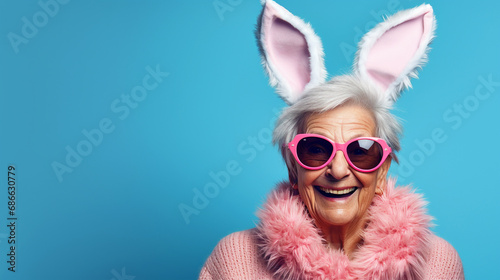 Old woman wearing bunnyears headband and goggles on isolated blue background - ai generative