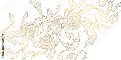 Vector art deco flower pattern background, gold line art, nature floral illustration. Hand drawn wavy plants for packaging, cover, banner, creative post and wall arts. Japanese style.