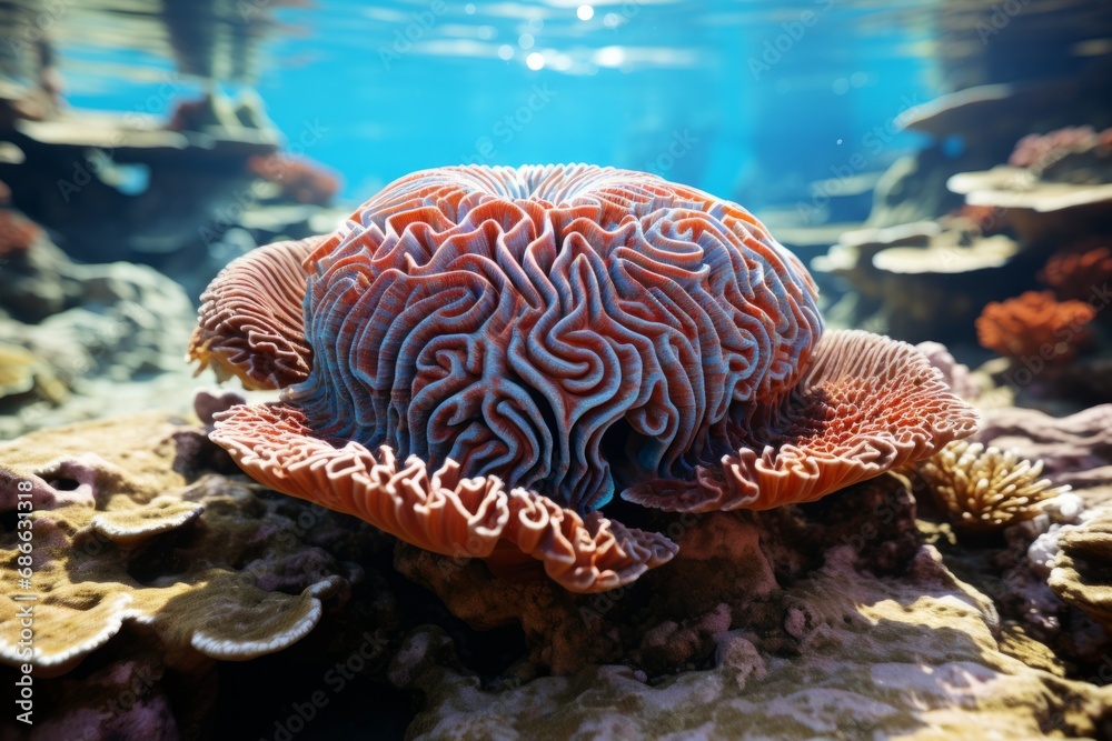 Massive brain coral, displaying its intricate ridges and patterns ...