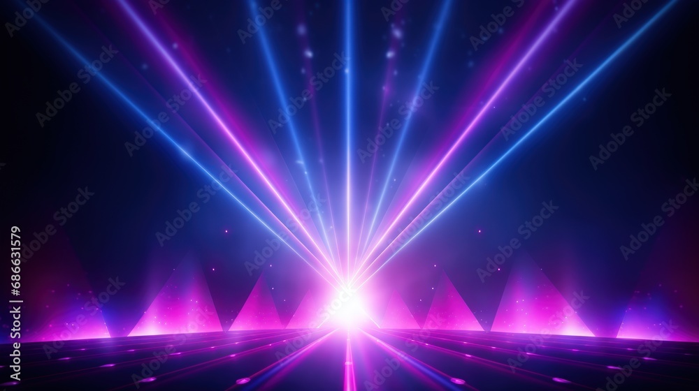 Neon Blue pink violet stage lighting illuminated, lens flare effect, shining star rays. AI generated