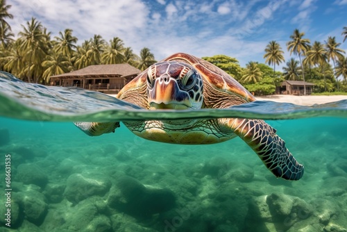 Green Sea Turtle Cruising in the warm waters of the Pacific Ocean © Boraryn