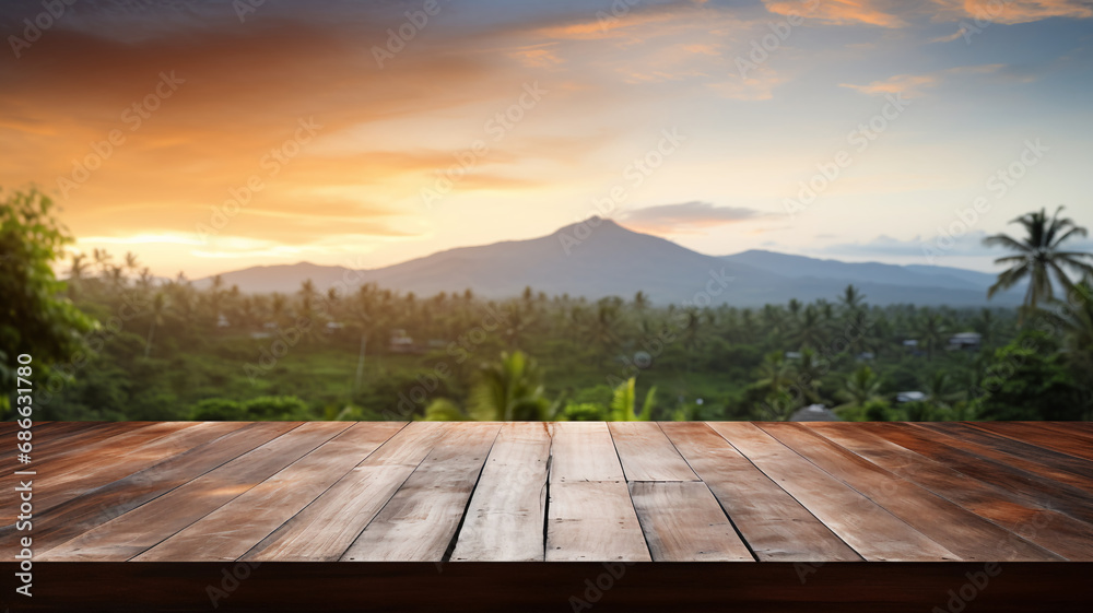 Wooden platform with tropical mountainous landscape at sunset island natural product placement platform.