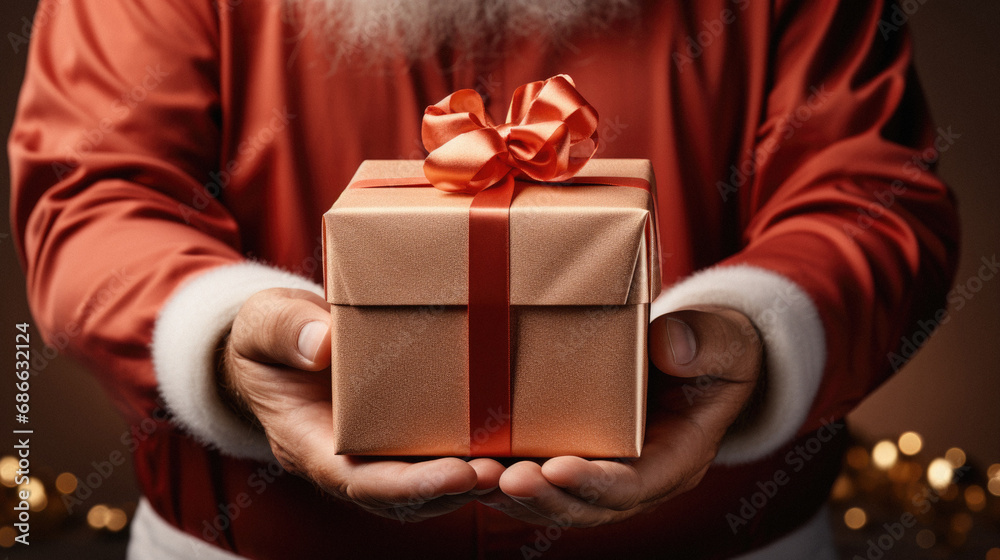 Close-up of Santa Claus hands holding christmas gift box.