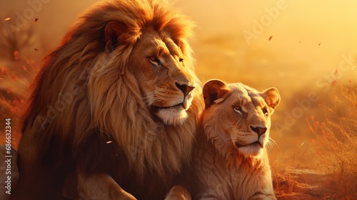 Majestic African lion couple loving pride