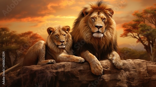 Majestic African lion couple loving pride © Boraryn