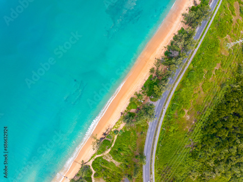 Aerial view seashore with road around the Phuket island Thailand, Beautiful seacoast view at open sea in summer season,Nature and Travel background