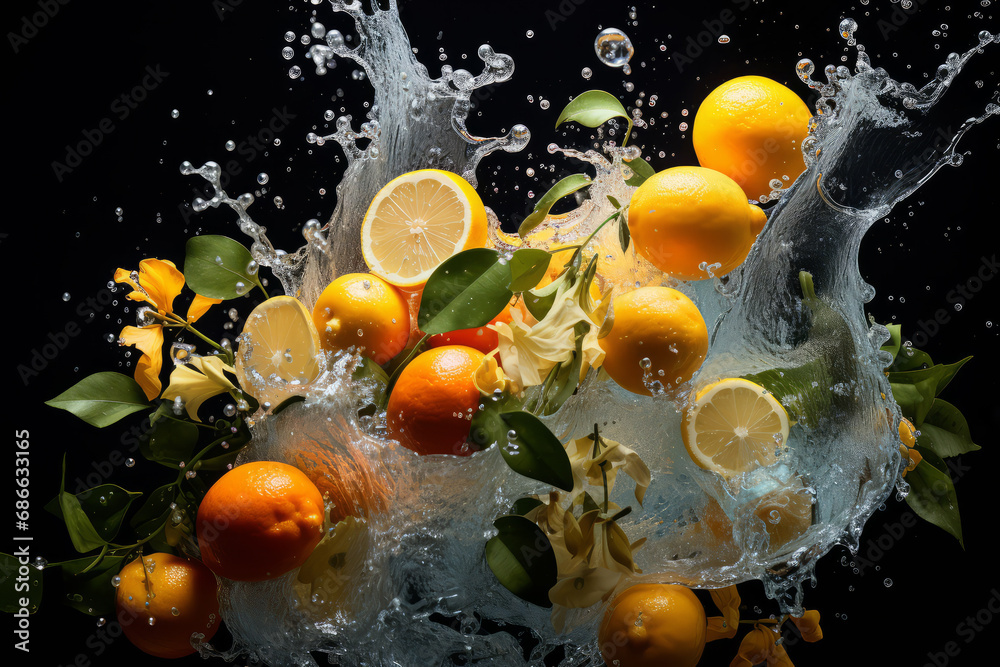 Oranges and lemons with a splash of water on a black background. Oranges and lemons with a splash of water on a black background.