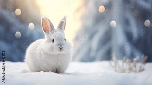 White rabbit is sitting on snow blurred background. AI generated image photo