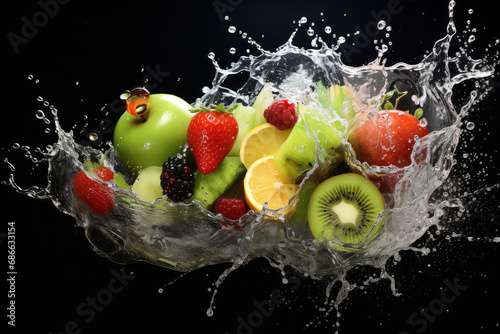 Fruits with a splash of water on a black background.