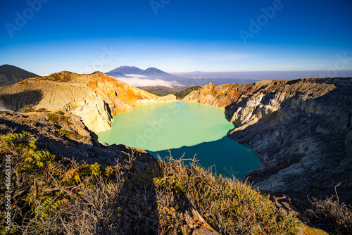 Deadwood Leafless Tree with Turquoise Water Lake,Beautiful nature Landscape mountain and green lake at Kawah Ijen volcano,East Java, Indonesia