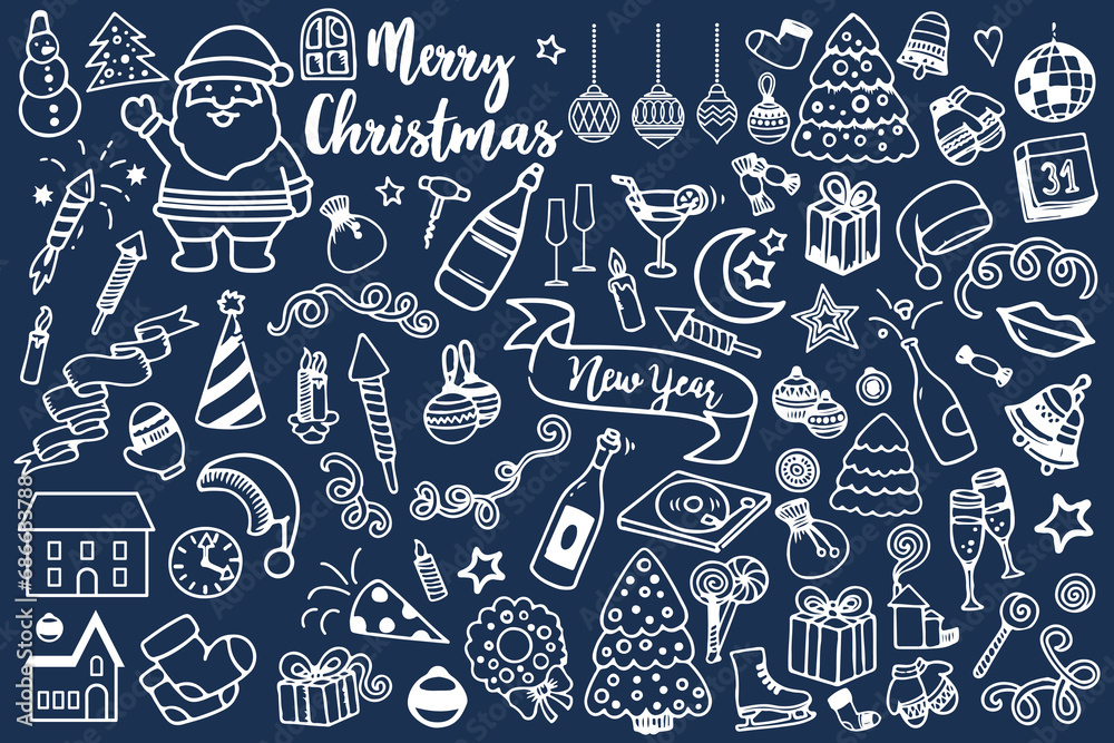 Set of Christmas design elements in doodle style, Christmas decorations, collection, snowman, hat, santa claus, xmas, snowflakes, new year, illustration, holiday, vector, minimal
Set of Christmas design elements in doodle style, Christmas decorations, collection, snowman, hat, santa claus, xmas, snowflakes, new year, illustration, holiday, vector, minimal