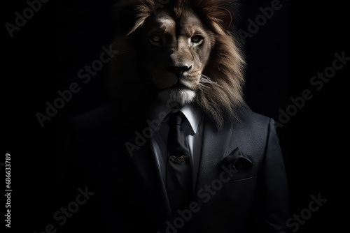 Lion in Business Suit on black background,