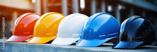 Safety banner. Building construction engineering concept background. Safety construction worker helmet photo