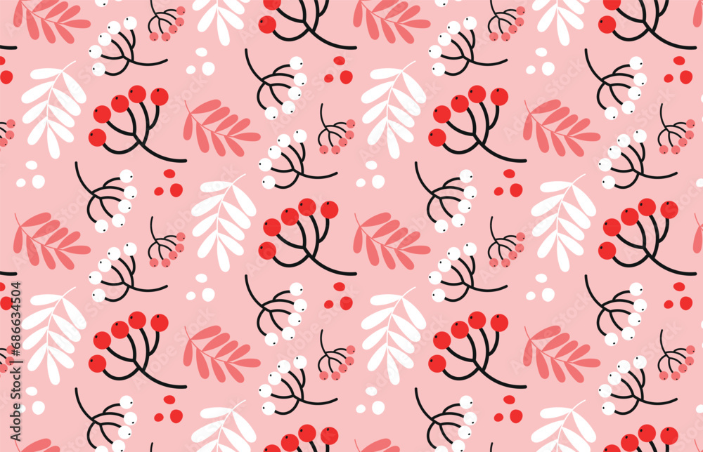 christmas vector seamless pattern with berries and leaves. winter foliage repeating pattern on pink. new year abstract background
