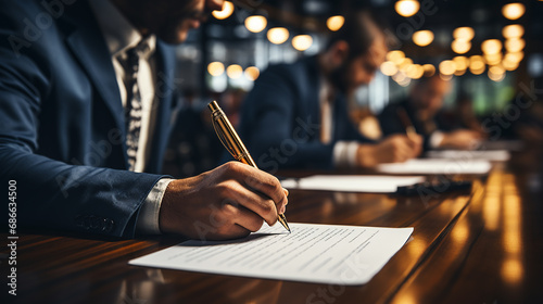 Close up young businessman standing near table with pen in hands, ready signing profitable offer agreement after checking contract terms of conditions, executive manager involved in legal paperwork. photo