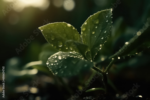 Young plant growing in the morning and green nature bokeh background  