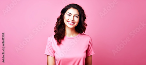 Beautiful and young brunette woman over pink background with space for text. Studio shot for woman month concept.