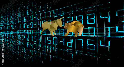 A pair of golden bull and bear stand face to face in front of a stock market quotation screen, symbolizing the rise and fall of the stock market.