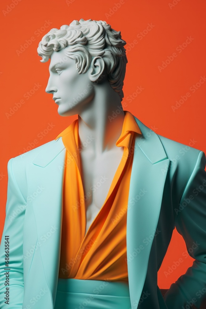 A serene classical statue in a stylish turquoise suit with an orange blouse, juxtaposing ancient grace with a bold modern aesthetic A serene classical statue in a stylish turquoise suit with an orange blouse, juxtaposing ancient grace with a bold modern aesthetic