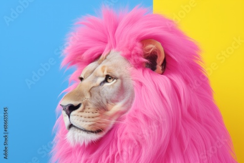 Striking image of a lion with a vibrant pink mane against a split blue and yellow background, blending wildlife with bold, artistic expression © Breezze