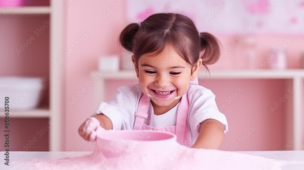 Pretty little girl smile and make baked goods in a pink minimalist kitchen. Child soiled in flour, learning to cook, fun home activity. Pretty little girl smile and make baked goods in a pink minimalist kitchen. Child soiled in flour, learning to cook, fun home activity.
