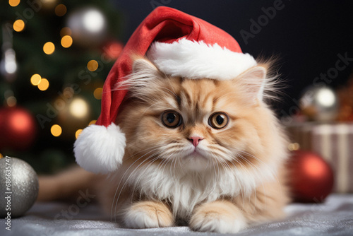 Cute persian cat in santa hat on christmas background.