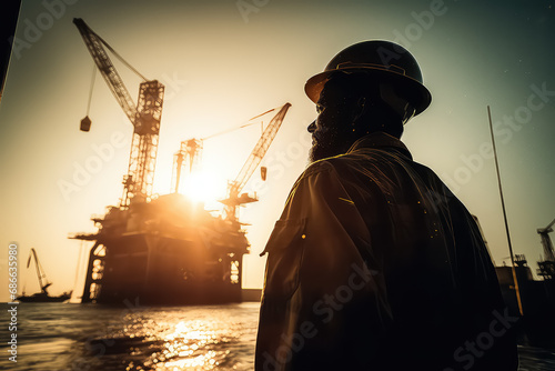 Double exposure of engineer wearing helmet safety with blurred oil refinery plant as a background. © yurakrasil