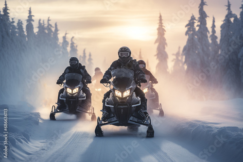 People riding snowmobile in the winter photo